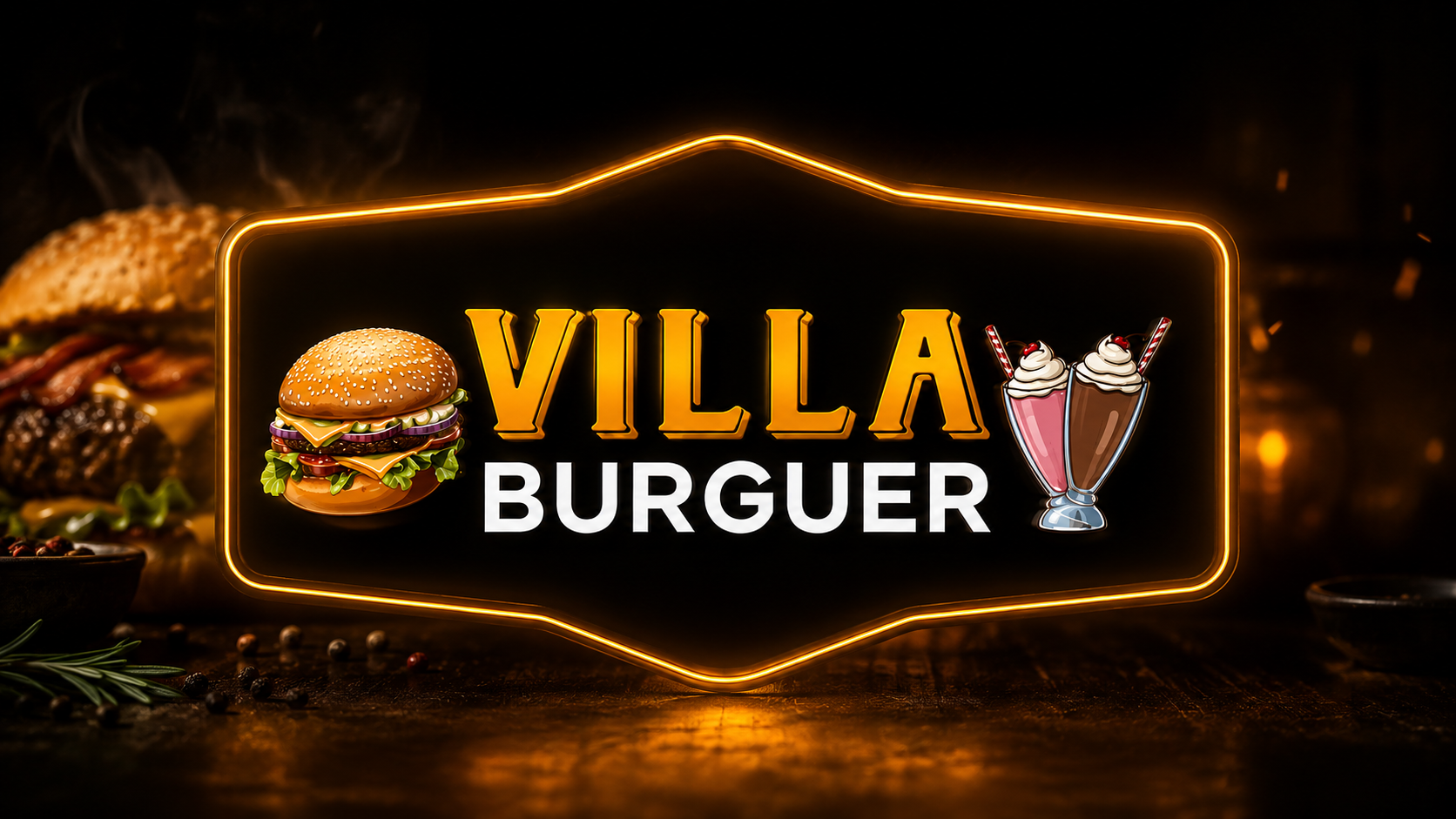 Logo Villa Burguer em neon dourado